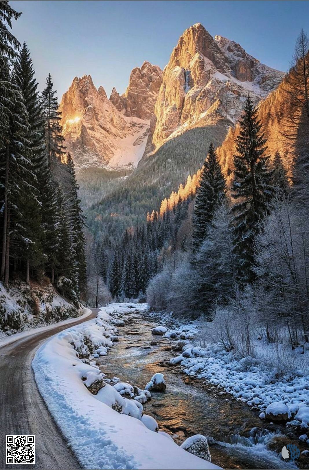 Ձմեռային գագաթներ՝ ոսկեգույն մայրամուտին | Ձյունածածկ լեռները շողում են տաք մայրամուտի լույսի տակ՝ սոճիներով ու սառցապատ հովիտներով շրջանակված՝ մաքուր ալպյան կախարդանք յուրաքանչյուր կադրում։