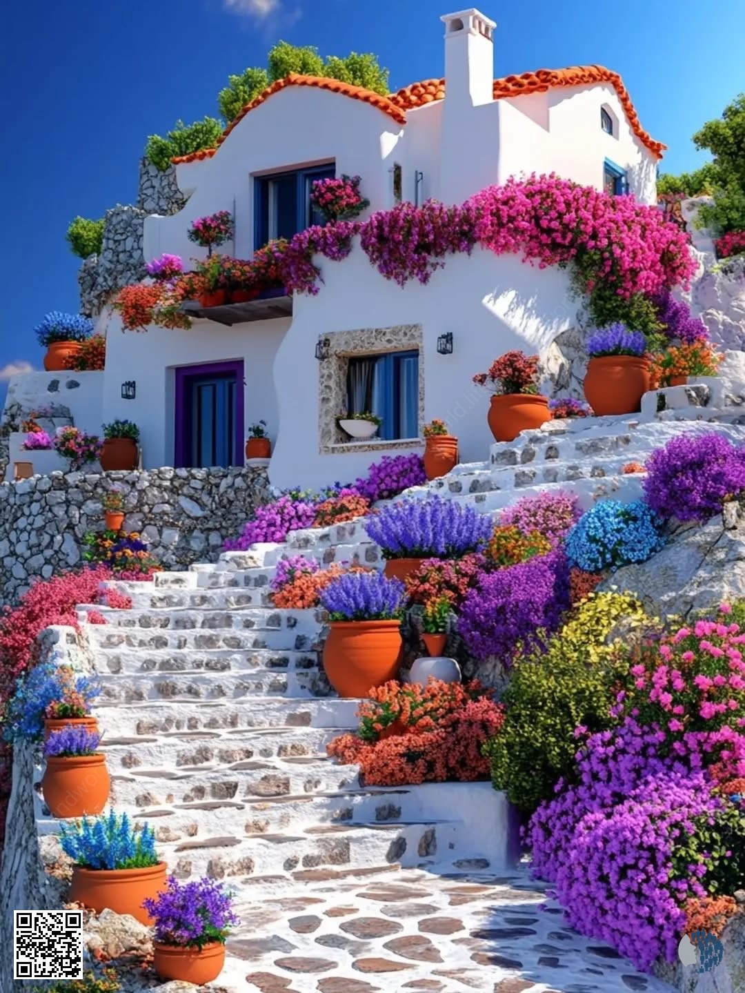 Կիկլադյան ծաղկող տուն | Սպիտակեցված կղզու պատերը, որոնք ծածկված են վառ բուգենվիլեայով, փայլում են խորը Էգեյան երկնքի տակ՝ ծովի տեսարաններով, որոնք զգացվում են որպես միջերկրածովյան երազանք
