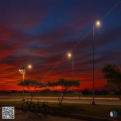 Skyfire Evenings | A four-scene sunset collage where molten-red clouds, glowing streetlights, and an endless open road converge into dramatic beams of light at the horizon