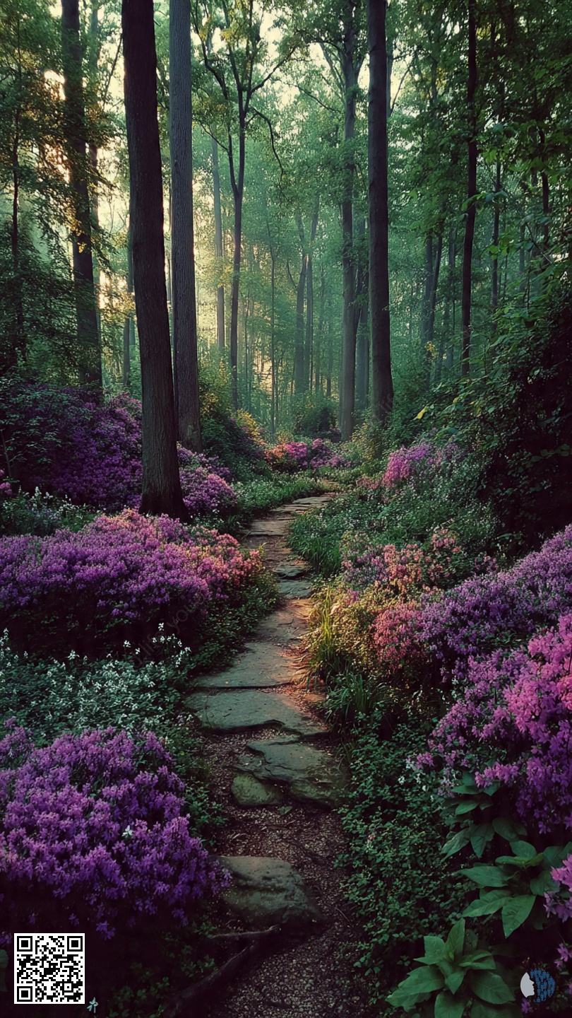 Forest of Violet Whispers | A fairytale forest in lilac-violet bloom - soft light through the trees, and every path seems magical