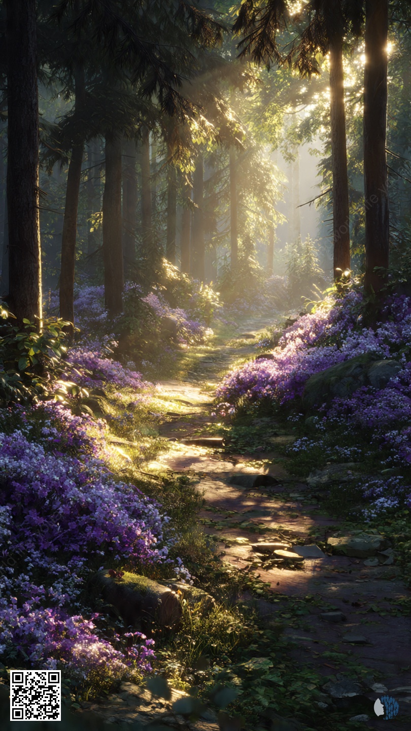 Forest of Violet Whispers | A fairytale forest in bloom, lilac and violet - soft light through the trees, and every path seems magical