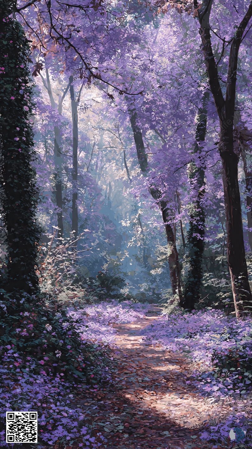 Վիոլետ Շշուկի անտառ | Երազային անտառ, որը փաթաթված է յասամանի և մանուշակագույն ծաղիկներով, որտեղ մեղմ լույսը թափանցում է ծառերի միջով, և յուրաքանչյուր արահետ կախարդական է թվում