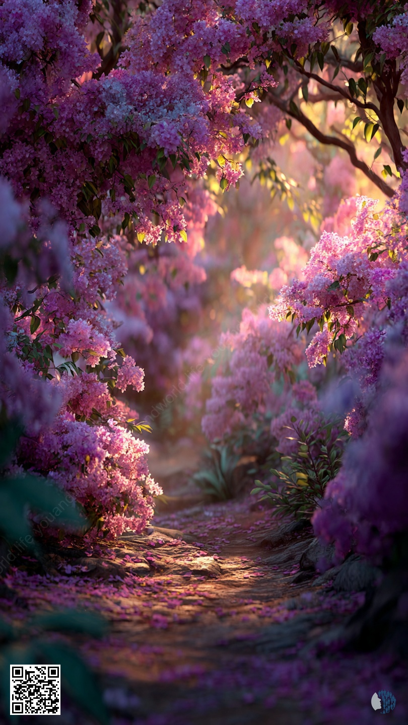 Վիոլետ Շշուկի անտառ | Երազային անտառ, որը փաթաթված է յասամանի և մանուշակագույն ծաղիկներով, որտեղ մեղմ լույսը թափանցում է ծառերի միջով, և յուրաքանչյուր արահետ կախարդական է թվում