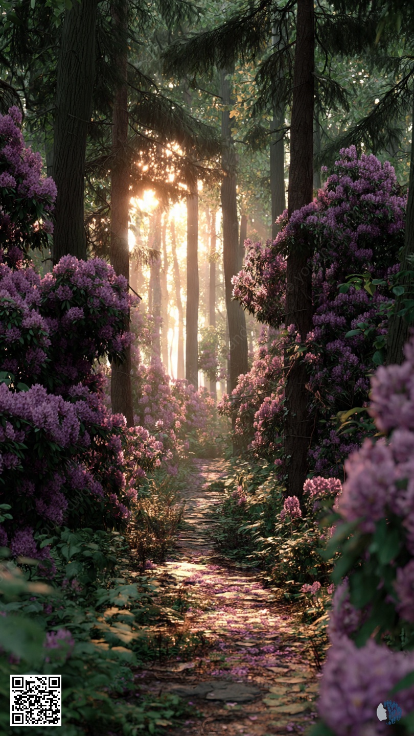 Վիոլետ Շշուկի անտառ | Երազային անտառ, որը փաթաթված է յասամանի և մանուշակագույն ծաղիկներով, որտեղ մեղմ լույսը թափանցում է ծառերի միջով, և յուրաքանչյուր արահետ կախարդական է թվում