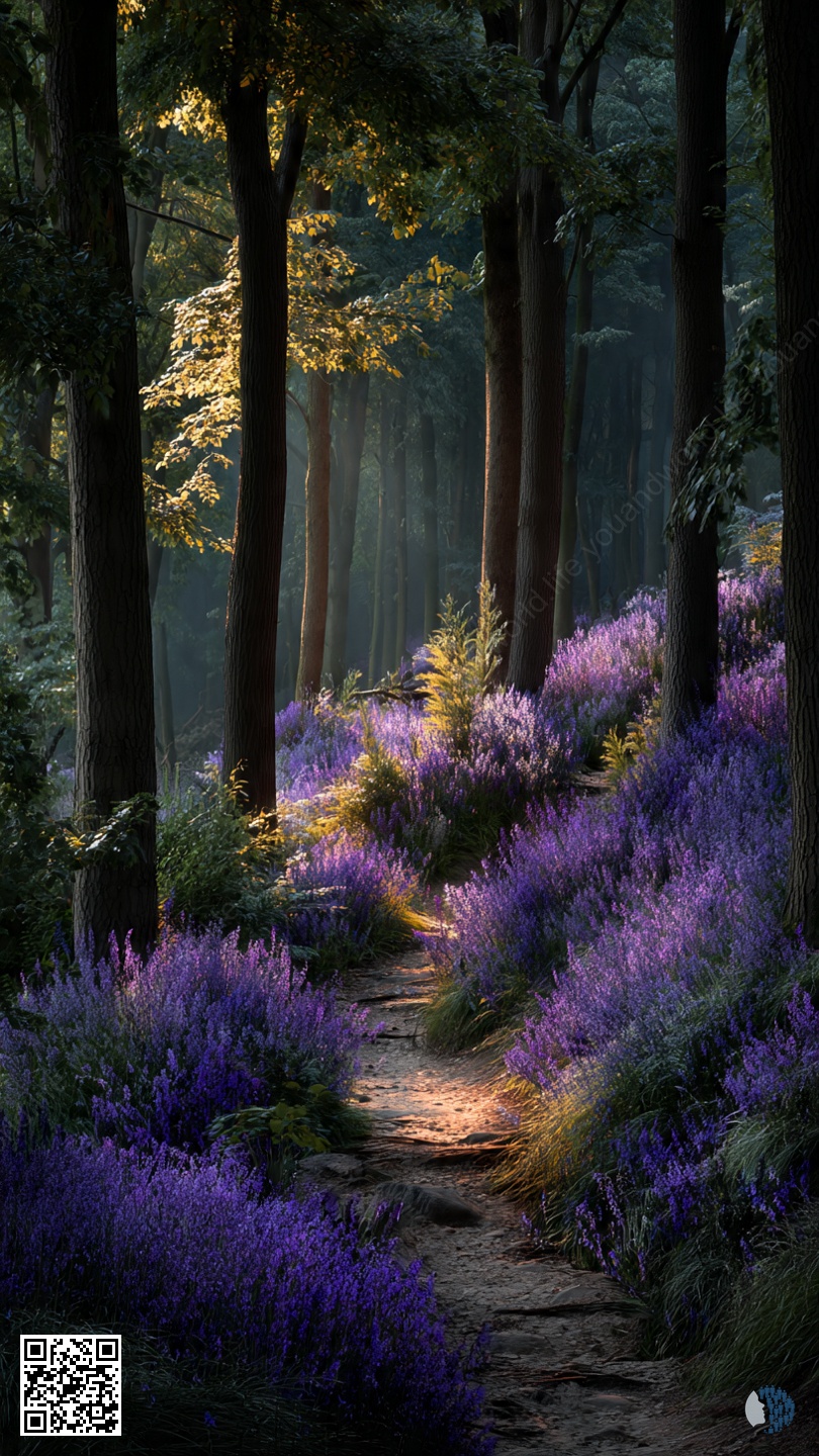 Forest of Violet Whispers | A fairytale forest in bloom, lilac and violet - soft light through the trees, and every path seems magical