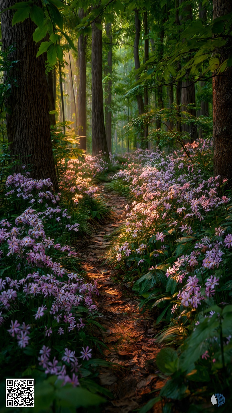Forest of Violet Whispers | A fairytale forest in bloom, lilac and violet - soft light through the trees, and every path seems magical